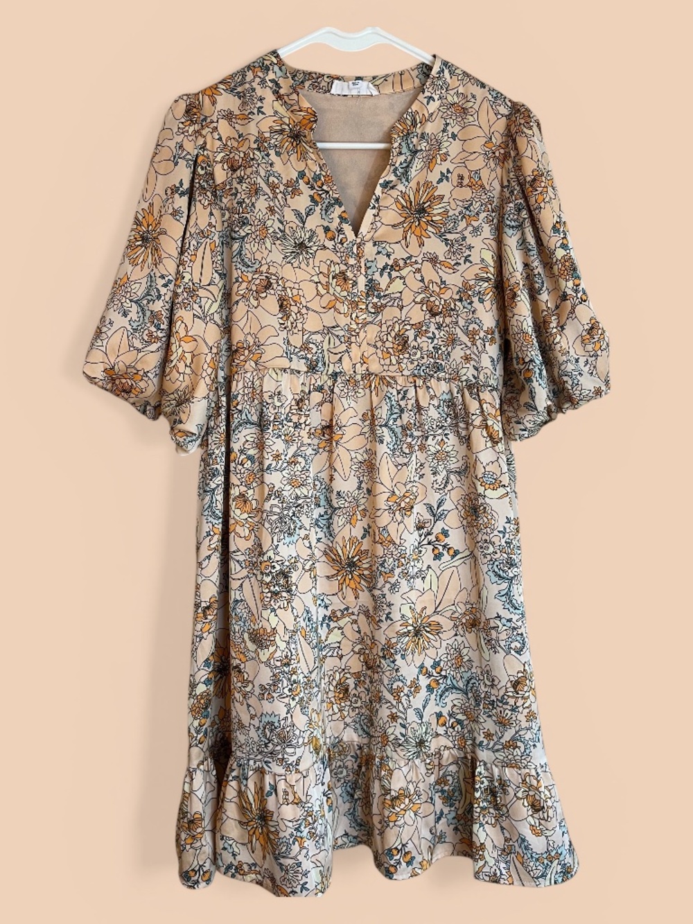 THML Boho Body Skimming Floral Mini Dress Balloon Elbow Sleeves Size S